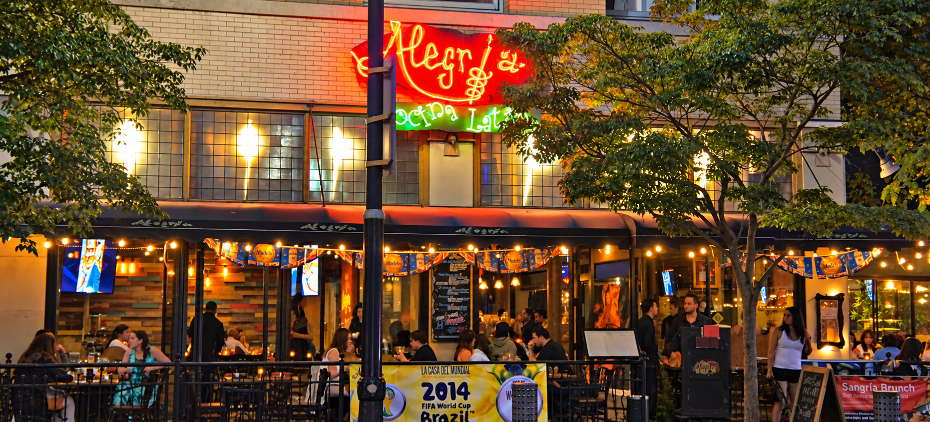 Alegria Cocina Latina exterior at night
