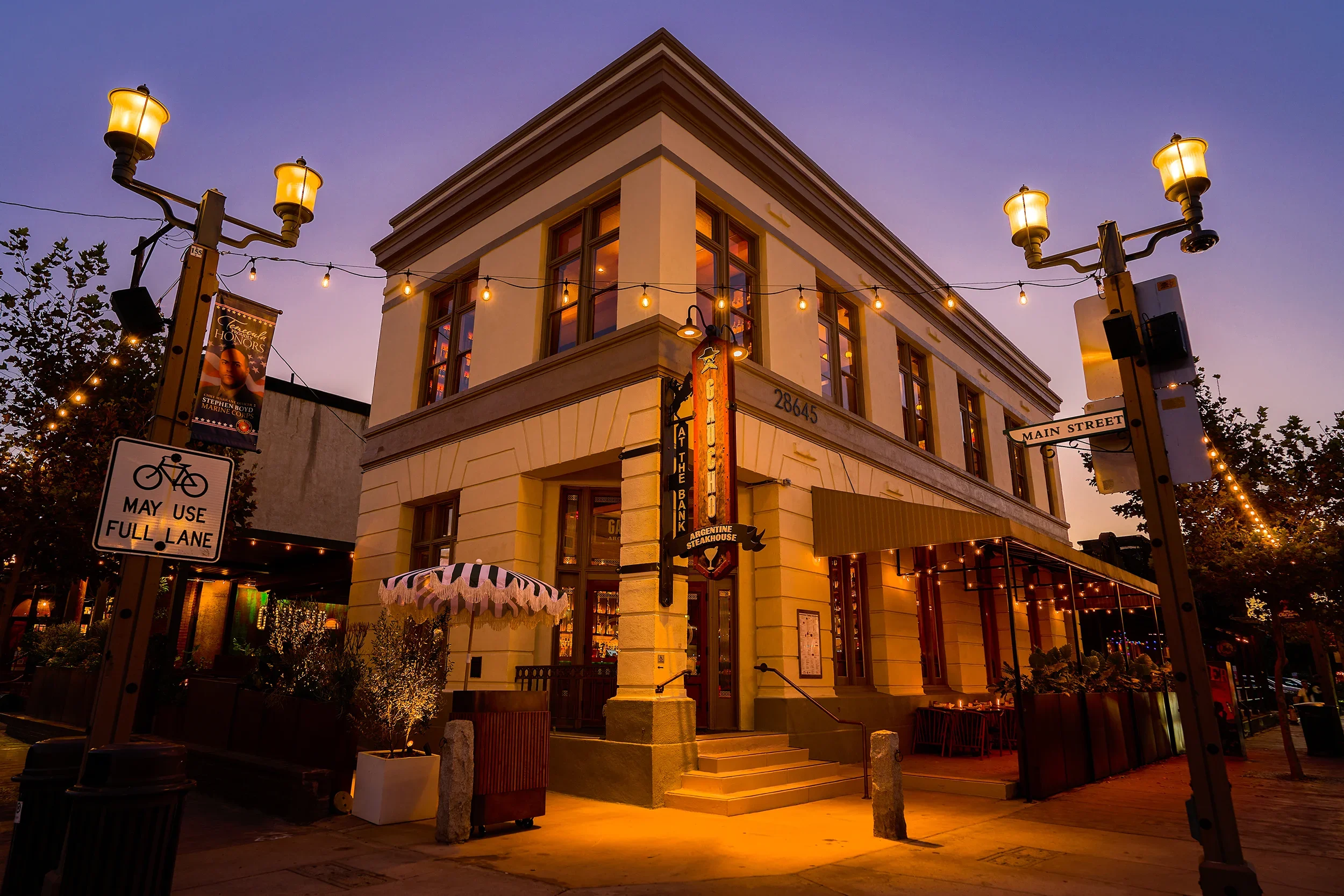 Gaucho Grill Temecula historic exterior at dusk